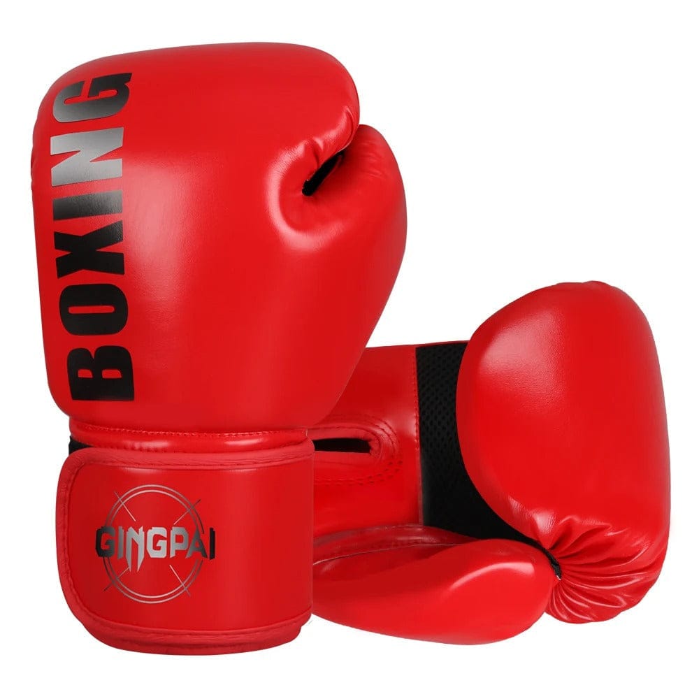Gants de boxe rouges avec inscription "BOXING" et logo "GINGPAI".