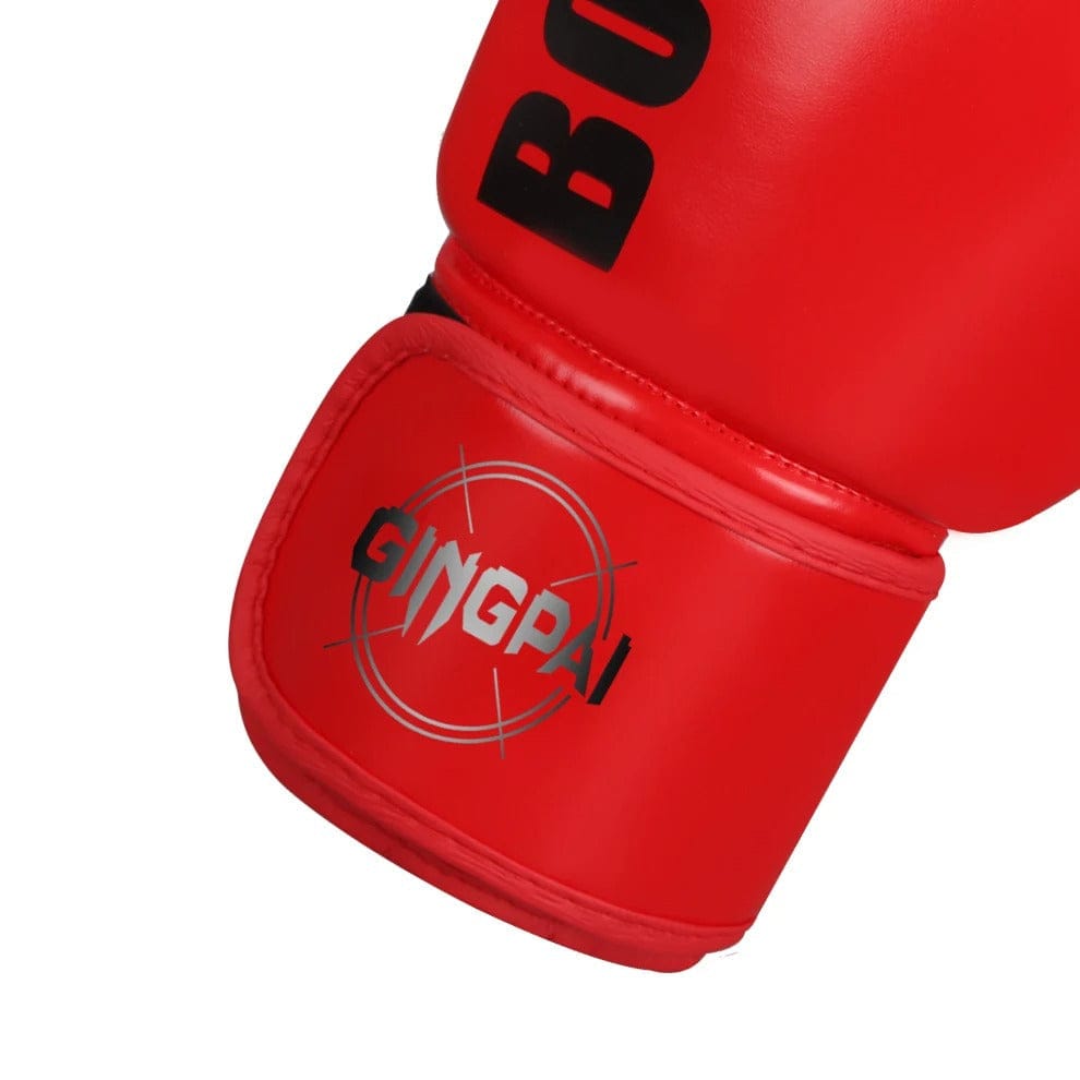 Gants de boxe rouges avec logo "Gingpai" et inscription "BO".