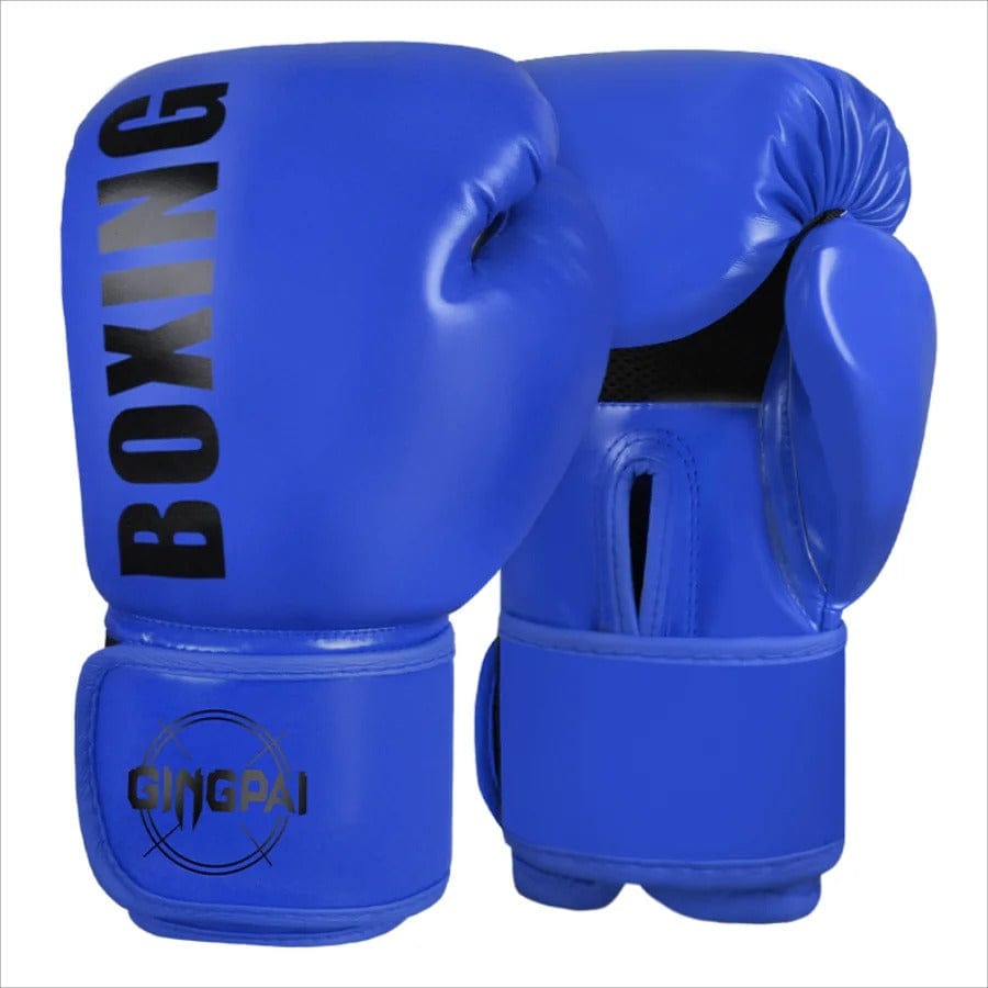 Gants de boxe bleus avec inscription "BOXING" et logo "GINGPAI".