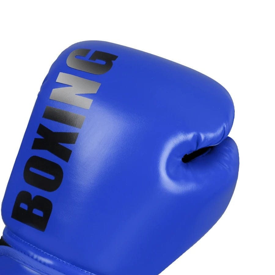 Gant de boxe bleu avec le mot "BOXING" écrit en argenté.