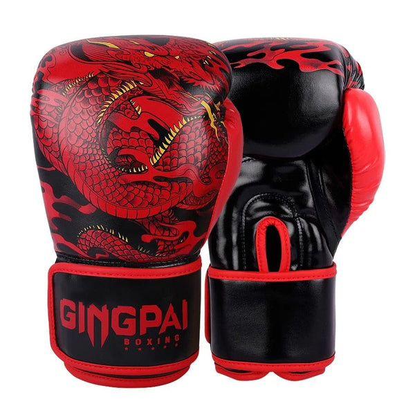 Gants de boxe noirs et rouges avec un dragon rouge et le logo GINGPAI BOXING.