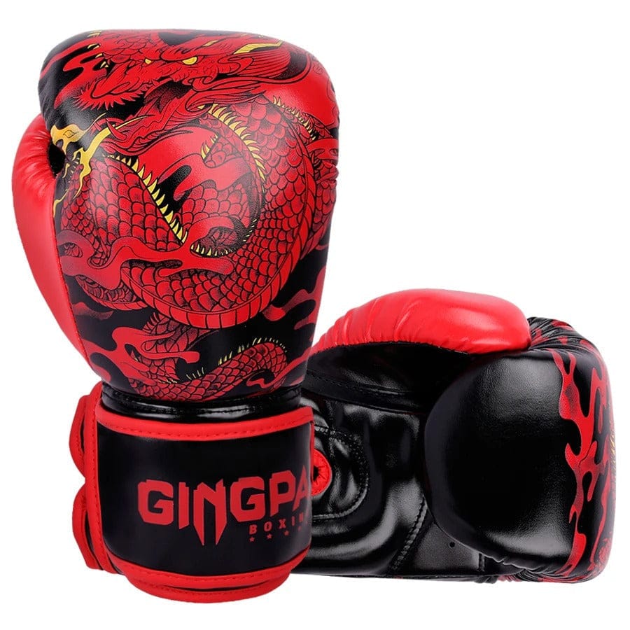 Gants de boxe rouges et noirs avec un dragon rouge et le logo GINGPA.