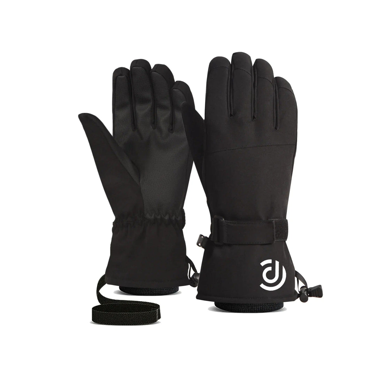 Gants de ski noirs avec logo blanc, sangle réglable et cordon.