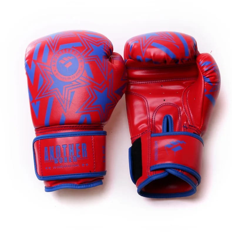 Gants de boxe rouges et bleus avec motif étoilé et logo "Another Boxer".