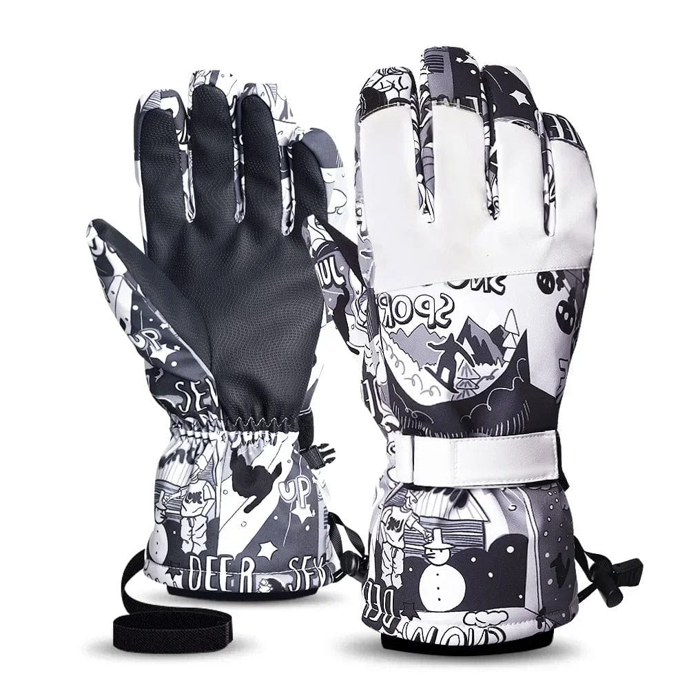 Gants de ski noirs et blancs avec motifs.